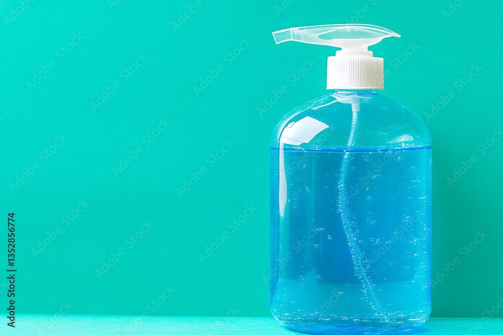 Clear plastic bottle of blue liquid sanitizer with a pump top Clear plastic bottle of blue liquid sanitizer with a pump top