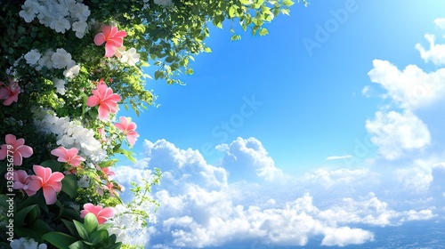 Vibrant flowers bloom against a clear blue sky with soft clouds