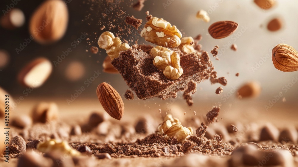 Flying Almonds and Walnuts over Dark Chocolate Flying Almonds and Walnuts over Dark Chocolate