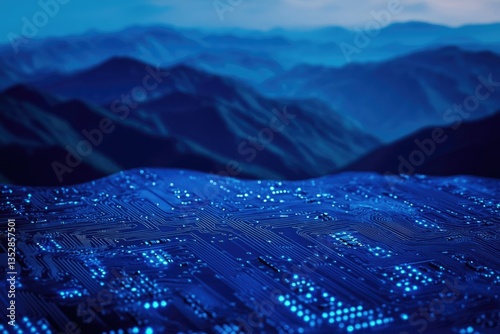 Circuit board resembling a mountainous landscape, symbolizing technological advancement in nature.