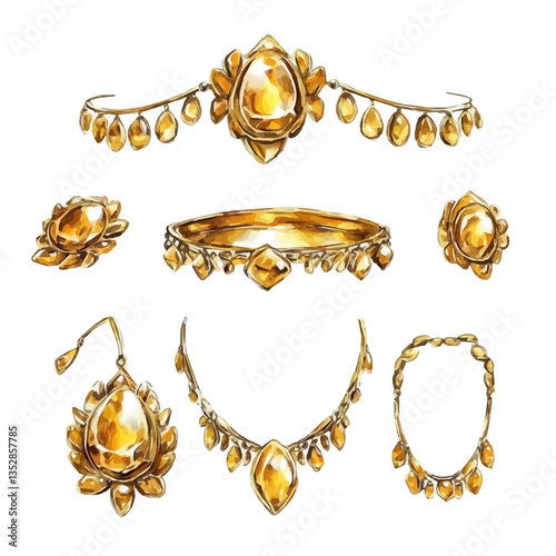 A watercolor vector painting of an elegant gold jewelry set, isolated on a white background. Elegant gold jewelry set vector.

