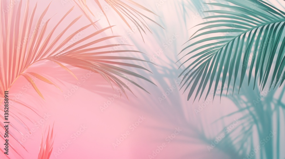 Naklejka premium Tropical palm leaf shadows cast on a gradient background, blending soft pink and mint colors in a tropical vibe.
