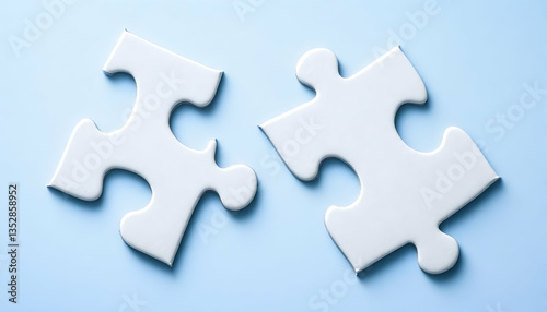 Two white puzzle pieces matching together against a light blue background.