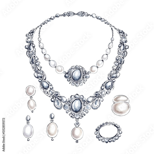 A watercolor vector painting of an elegant silver and pearl jewelry set with refined details, isolated on a white background. Elegant silver and pearl jewelry set vector.

