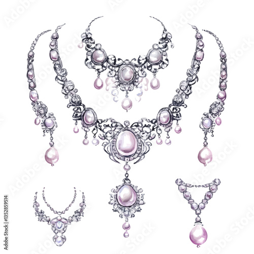 A watercolor vector painting of an elegant silver and pearl jewelry set with refined details, isolated on a white background. Elegant silver and pearl jewelry set vector.

