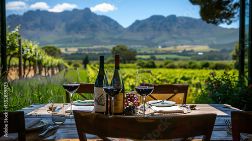 Wine glasses are on a table in front of a beautiful landscape