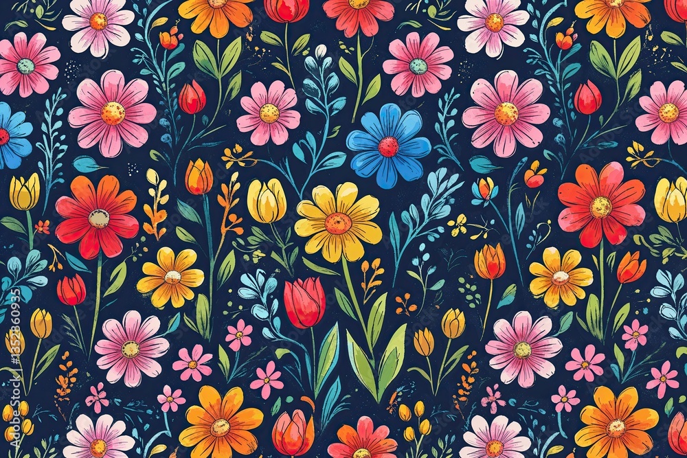 Colorful Creative Sketch Background Featuring Whimsical Blossoming Flowers for a Joyful Spring Pattern Colorful Creative Sketch Background Featuring Whimsical Blossoming Flowers for a Joyful Spring Pattern