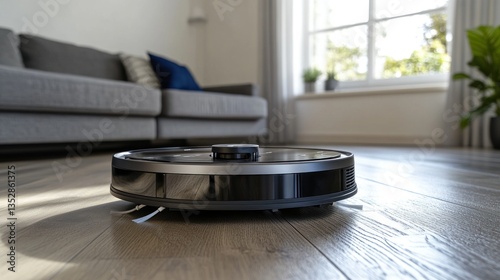 Modern Robotic Vacuum Cleaner in a Bright Cozy Living Room with Wooden Floor and Comfortable F