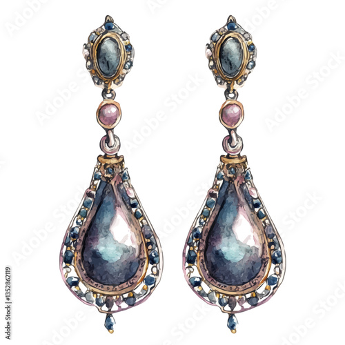A watercolor vector painting of elegant vintage earrings, isolated on a white background. Elegant vintage earrings vector.

