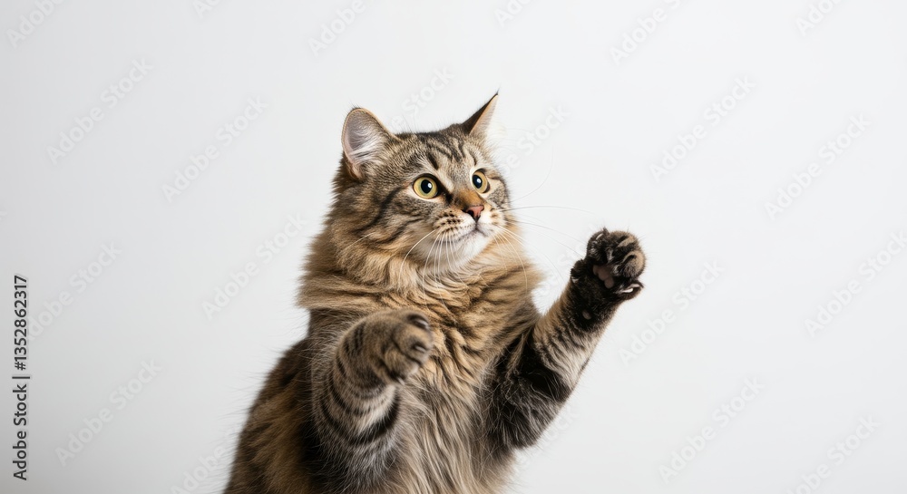 Obraz premium Playful Fluffy Tabby Cat Reaching Up - A curious and energetic tabby cat playfully lifts its paws, symbolizing fun, curiosity, playfulness, energy, and feline charm
