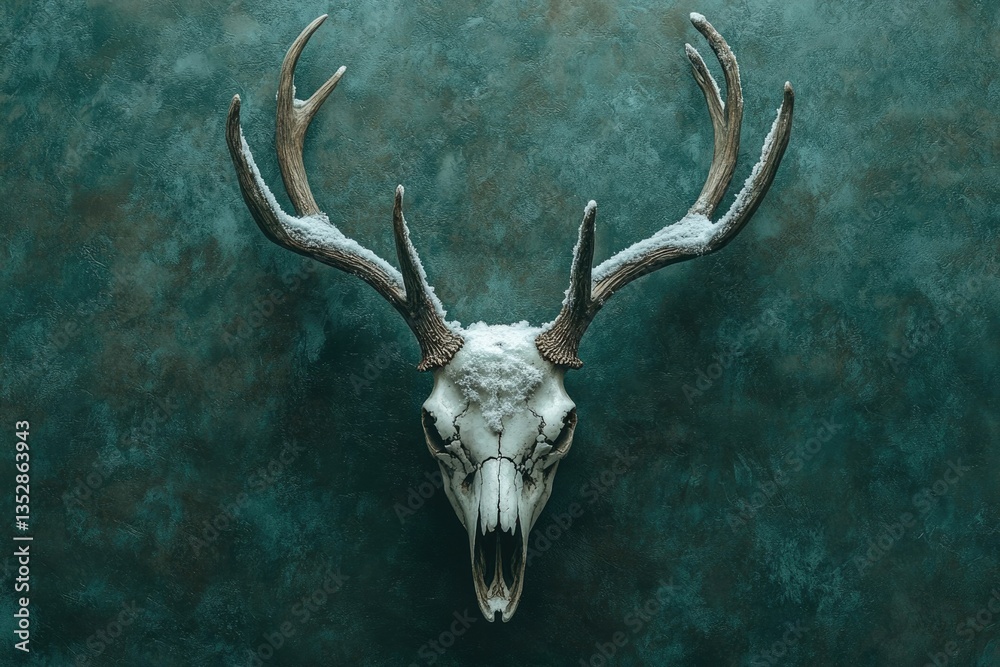 Fototapeta premium Snow-dusted deer skull with antlers against a dark teal background.