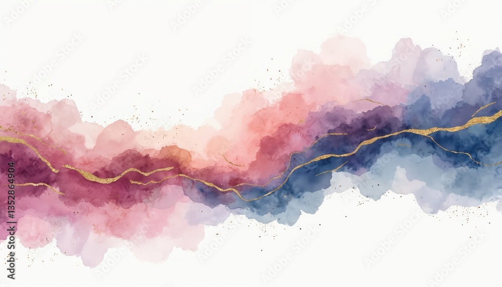 Obraz premium Abstract watercolor background with golden accents. Pink, purple, blue tones with gold shimmer. Modern art, luxury design with artistic, delicate, feminine aesthetic. Decorative pattern, flowing,
