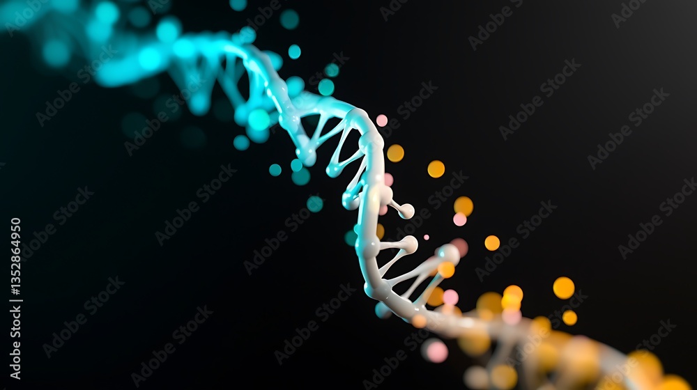 Illuminated double helix strand with teal and orange particles against a dark backdrop Illuminated double helix strand with teal and orange particles against a dark backdrop
