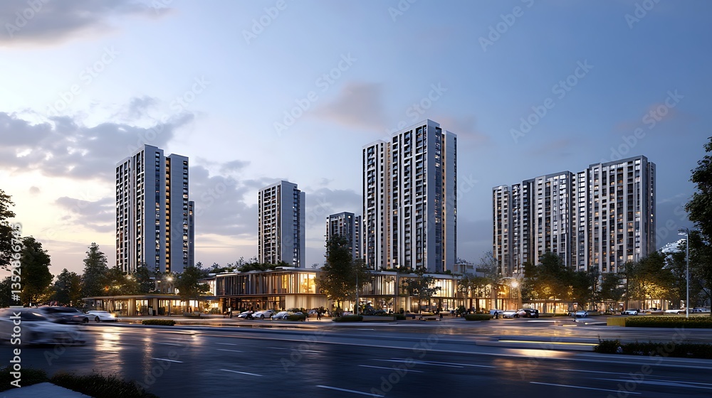 Fototapeta premium Contemporary home featuring curved architecture and illuminated facade high resolution picture