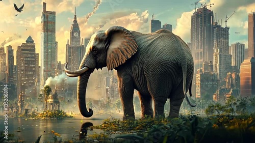 Elephant in New York City skyline, surreal urban jungle, sunrise, artistic image, stock photo