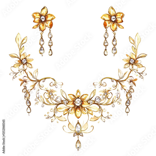 A watercolor vector painting of an exquisite classic gold necklace and earrings set, isolated on a white background. Exquisite classic gold necklace and earrings set vector.

