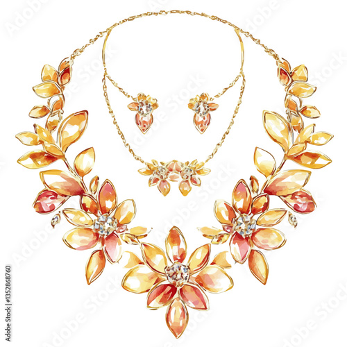 A watercolor vector painting of an exquisite classic gold necklace and earrings set, isolated on a white background. Exquisite classic gold necklace and earrings set vector.

