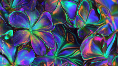 Vibrant opal flowers in an abstract holographic design with an enchanting background