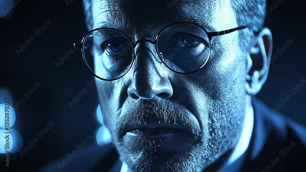 Close-up portrait of man in glasses, intense expression