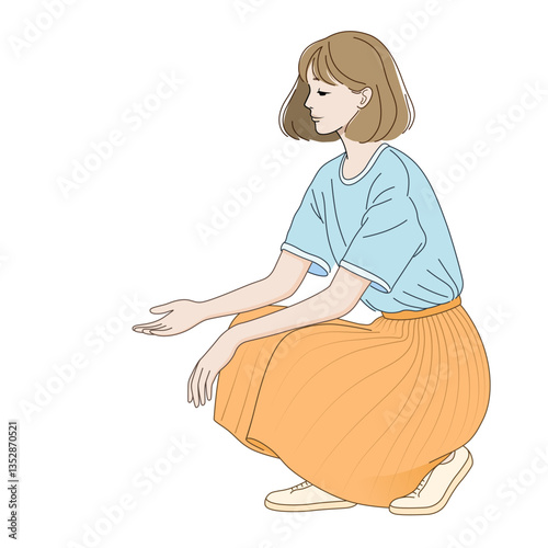 Minimalist vector illustration of a young woman squatting with an outstretched hand. She wears a pleated skirt, sneakers, and a loose T-shirt. The image is isolated on a white background.