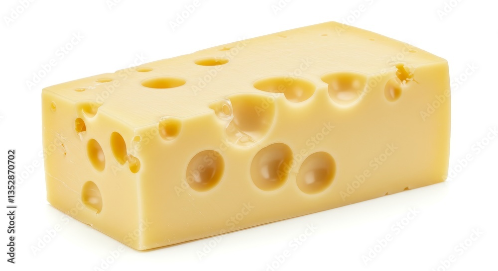 Block of Swiss Cheese - A close-up shot of a single block of Swiss cheese, showcasing its signature holes and pale yellow color against a white background Block of Swiss Cheese - A close-up shot of a single block of Swiss cheese, showcasing its signature holes and pale yellow color against a white background