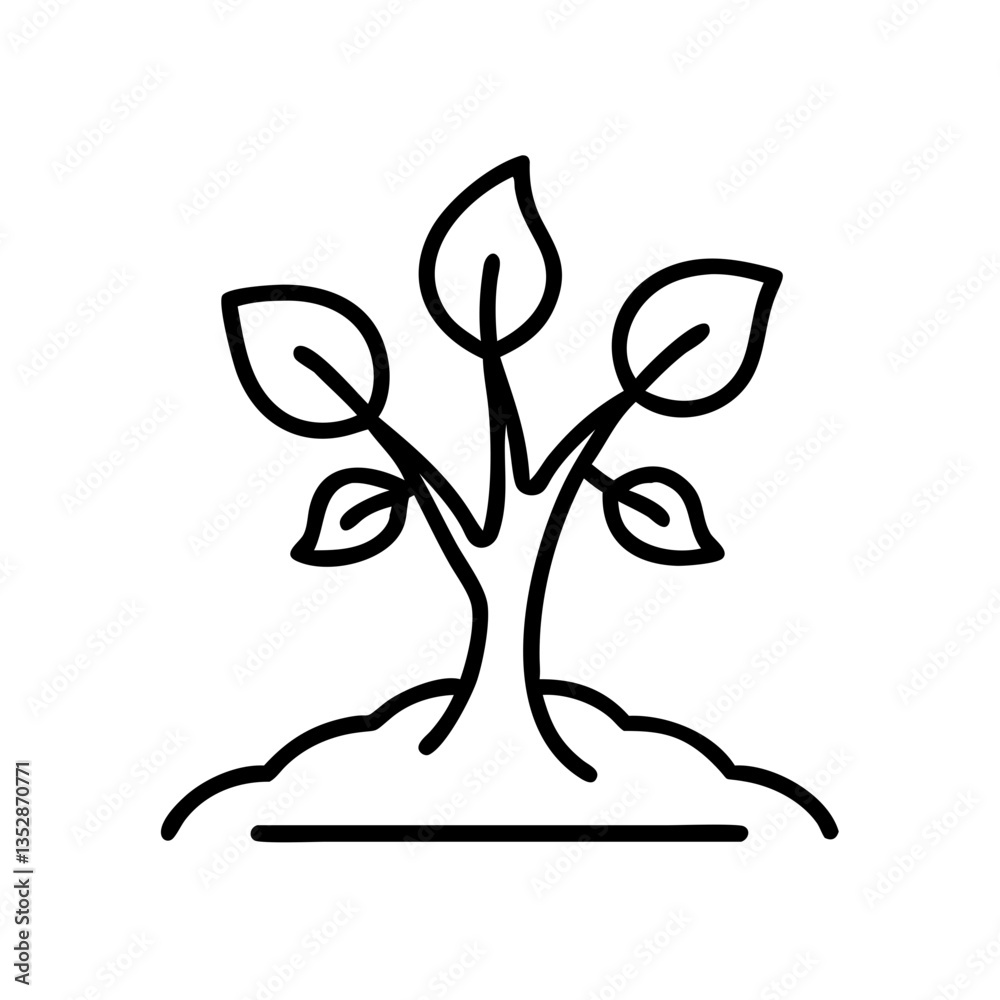 Minimalist line drawing of a tree with leaves on soil Minimalist line drawing of a tree with leaves on soil