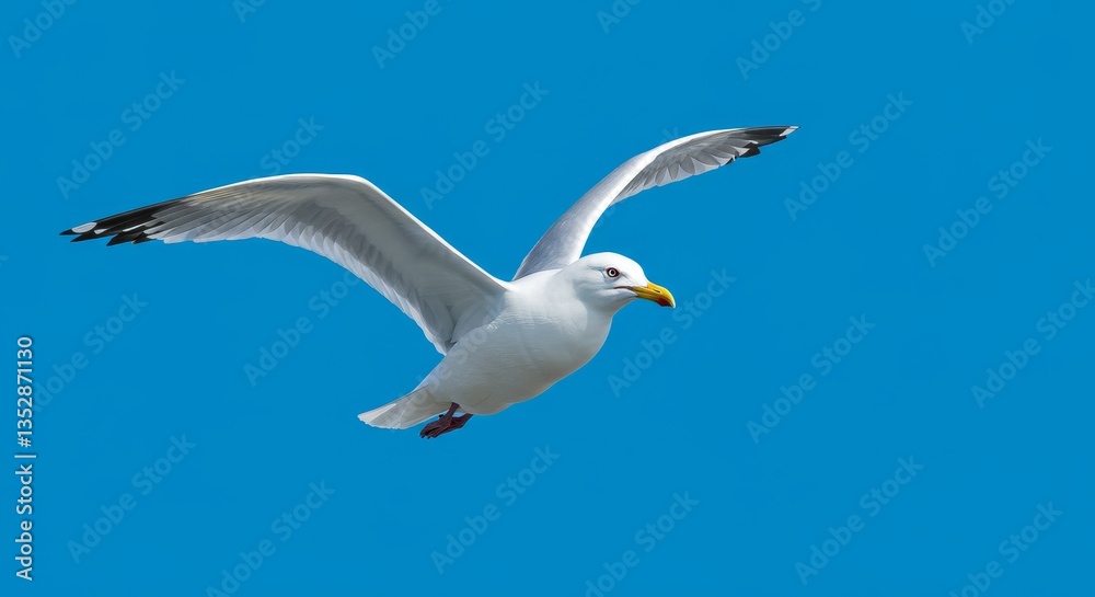 Obraz premium White Seagull in Flight Against Blue Sky - A graceful white seagull soars across a vibrant blue sky, symbolizing freedom, peace, journey, hope, and the vastness of nature