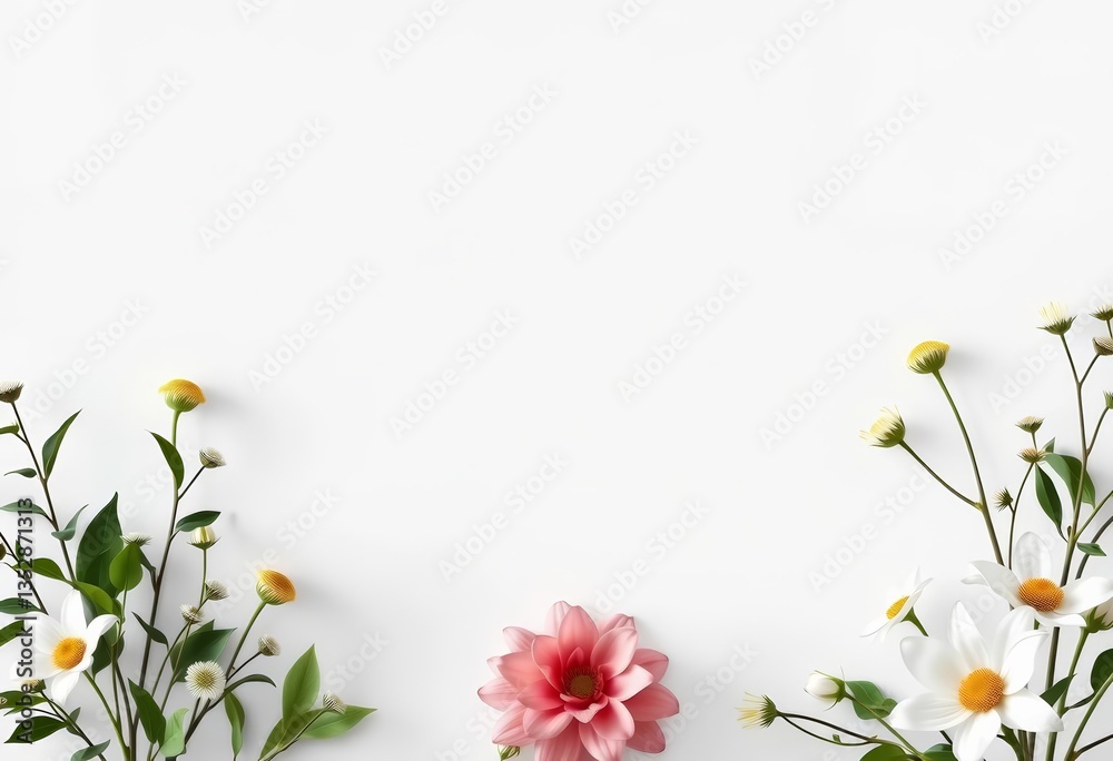 Fototapeta premium Empty minimalist floral frame with greenery, simple modern design, vintage, spring