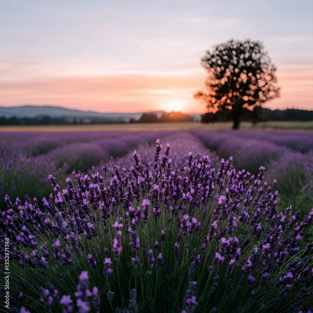 Sunrise Lavender Field, Tranquil Sunset, Tree Silhouette Sunrise Lavender Field, Tranquil Sunset, Tree Silhouette