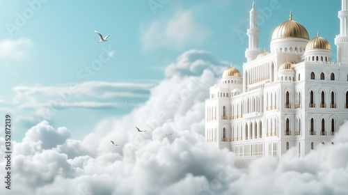 Majestic white building with gold domes emerging from clouds, birds soaring above