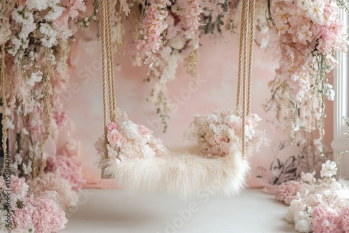 A baby swing decorated with flowers is featured beautifully