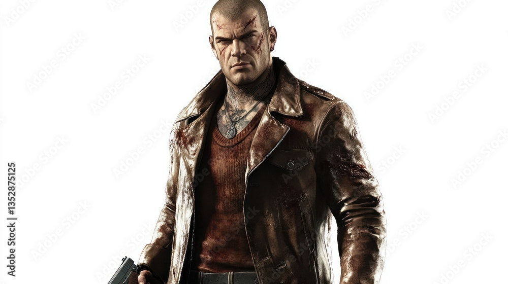A rugged individual in a leather jacket with visible injuries holding a firearm set against a A rugged individual in a leather jacket with visible injuries holding a firearm set against a