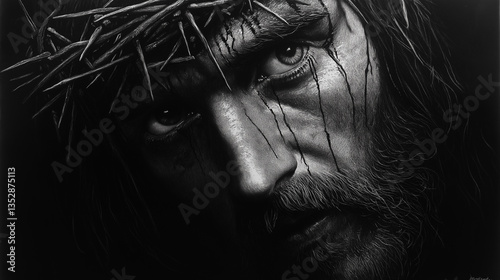A monochromatic portrait shows Jesus Christ  with intense eyes and a crown of thorns, evoking feelings of suffering and sacrifice.