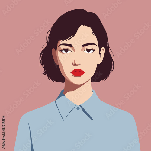 Minimalist Portrait of a Young Woman with Short Dark Hair and Bold Colors on Muted Pink Background