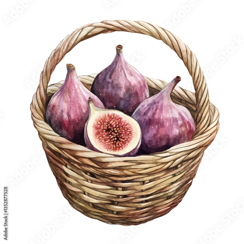 Fig Basket, watercolor illustration, isolated on a white background.