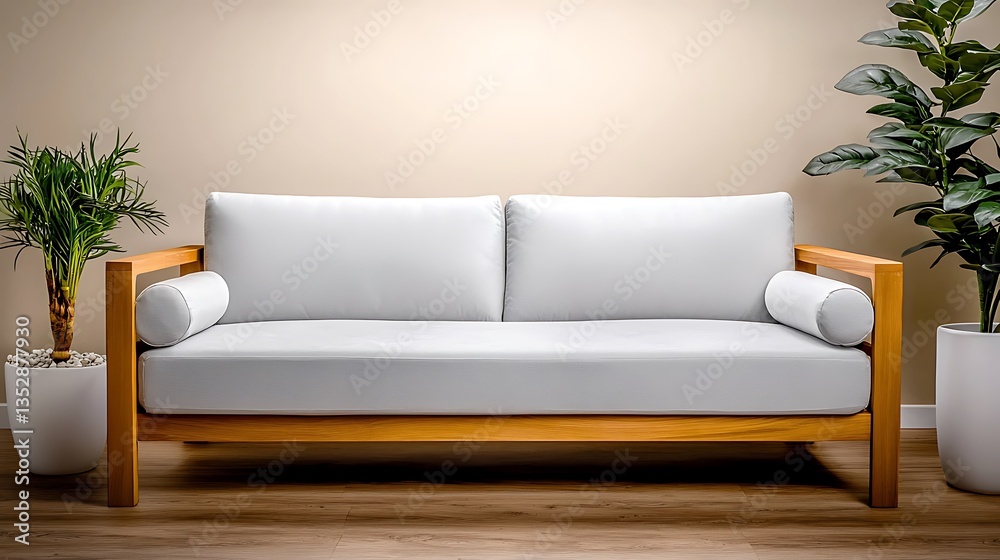 Fototapeta premium Modern, wooden-framed couch with soft white cushions, flanked by leafy potted plants