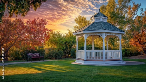 Autumnal Serenity: Gazebo in a Park at Sunset