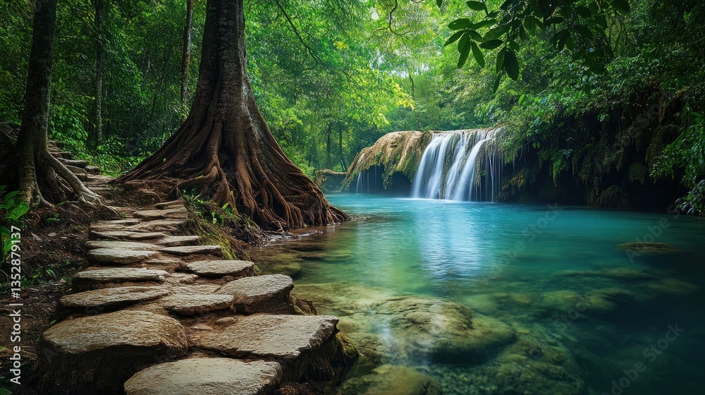 Fototapeta premium Serene Waterfall in Lush Tropical Forest