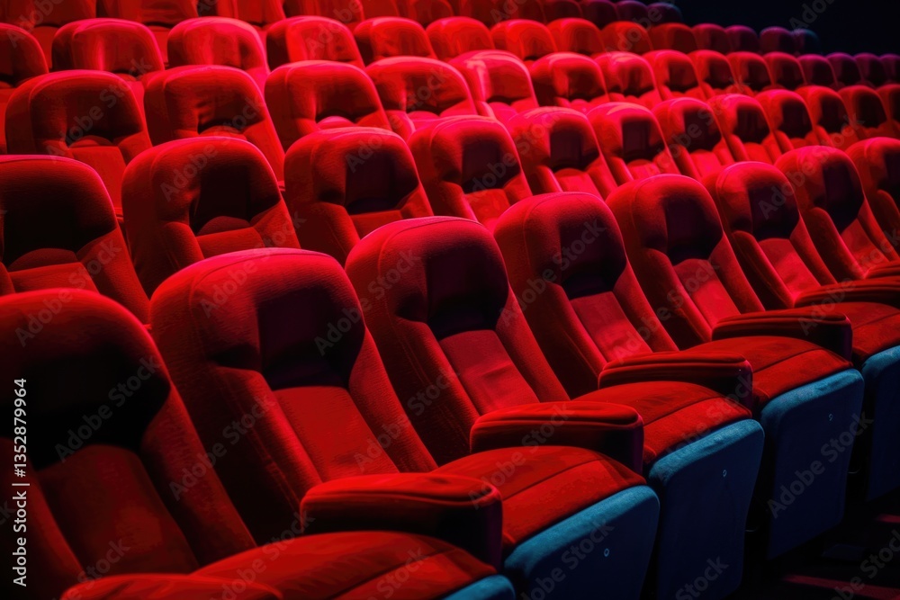 Naklejka premium Rows of empty red velvet cinema seats await moviegoers, creating a dramatic and inviting atmosphere.