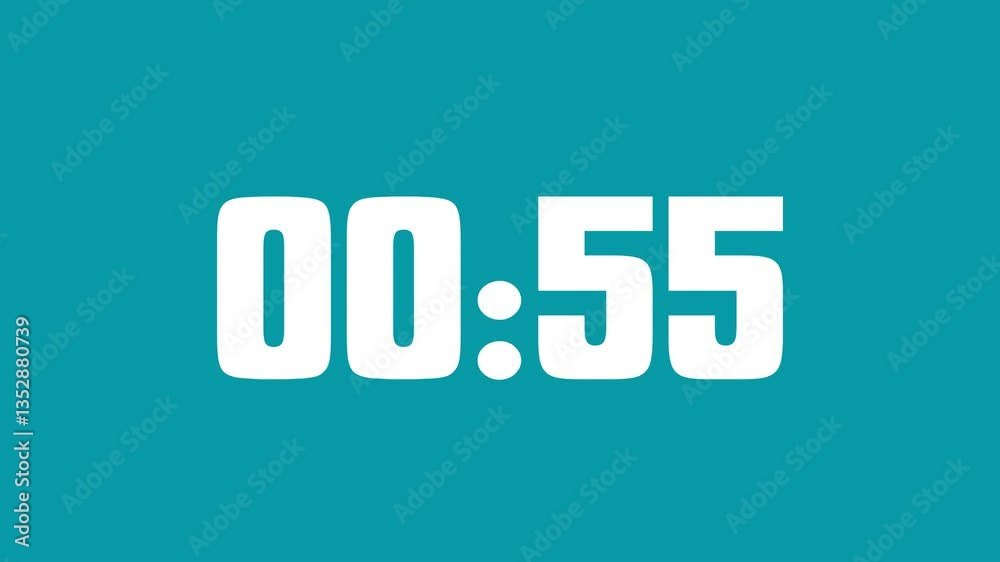White Countdown Timer in Montserrat Font on Teal Background | 00:60 Digital Clock White Countdown Timer in Montserrat Font on Teal Background | 00:60 Digital Clock
