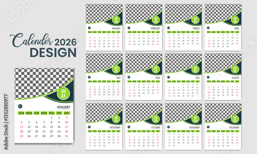  creative modern and minimal colorful wall calendar design 2026 clean and premium vector, 12 page professional wall calendar design layout, minimalist wall calendar style 12 set bundle  template,

