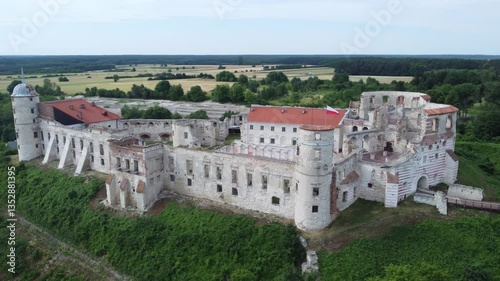 drone view of the castle in janowiec