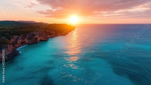 This breathtaking image captures a stunning sunset over calm ocean waters, blending warm colors and reflecting tranquility, evoking a sense of peace and natural beauty.