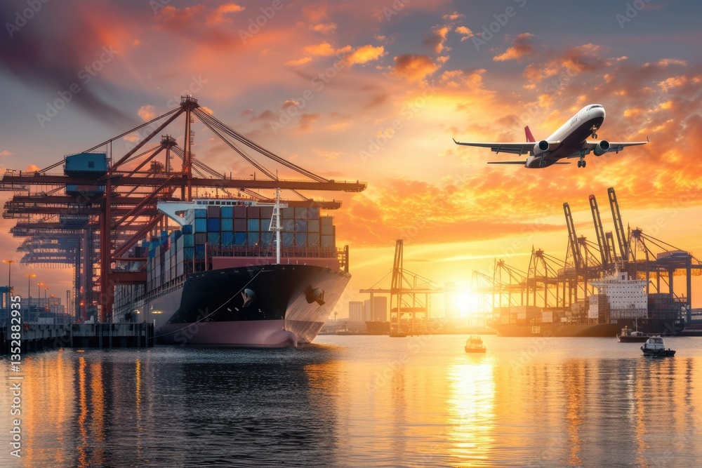 A large container ship at sunset, being loaded by cranes, with an airplane flying overhead, symbolizing global trade and logistics.