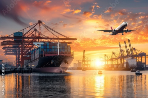 Obraz na płótnie A large container ship at sunset, being loaded by cranes, with an airplane flying overhead, symbolizing global trade and logistics. w salonie