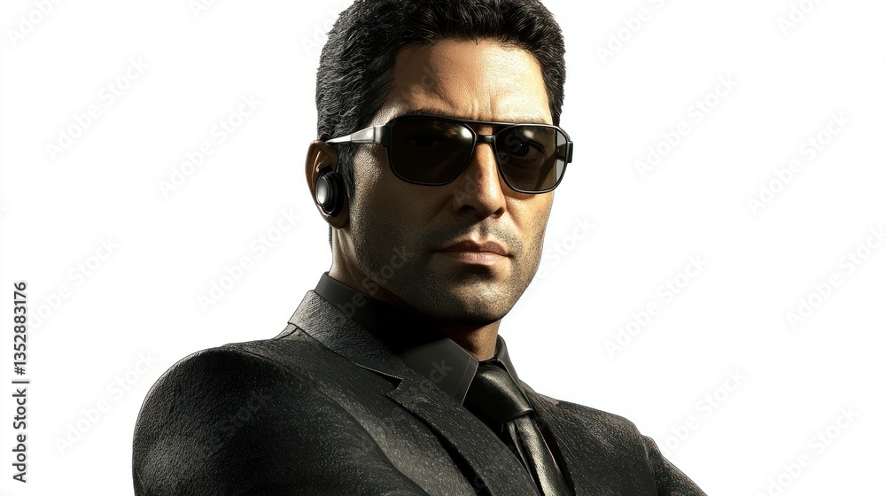 Fototapeta premium Professional in a Suit and Sunglasses with Earpiece Ready for Action