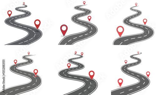 Set of Winding road with location marker Vector illustration
