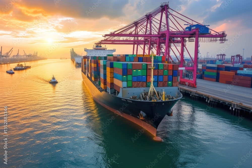 A large container ship leaves port at sunset, assisted by tugboats, showcasing global trade and maritime transport.