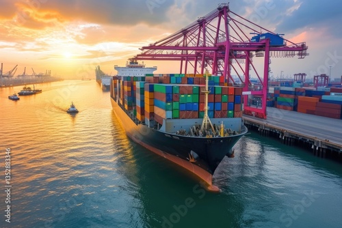 Obraz na płótnie A large container ship leaves port at sunset, assisted by tugboats, showcasing global trade and maritime transport. w salonie