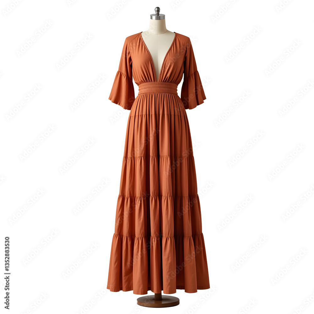 Terracotta Tiered Maxi Dress with Deep V-Neck and Flared Sleeves on Mannequin Terracotta Tiered Maxi Dress with Deep V-Neck and Flared Sleeves on Mannequin